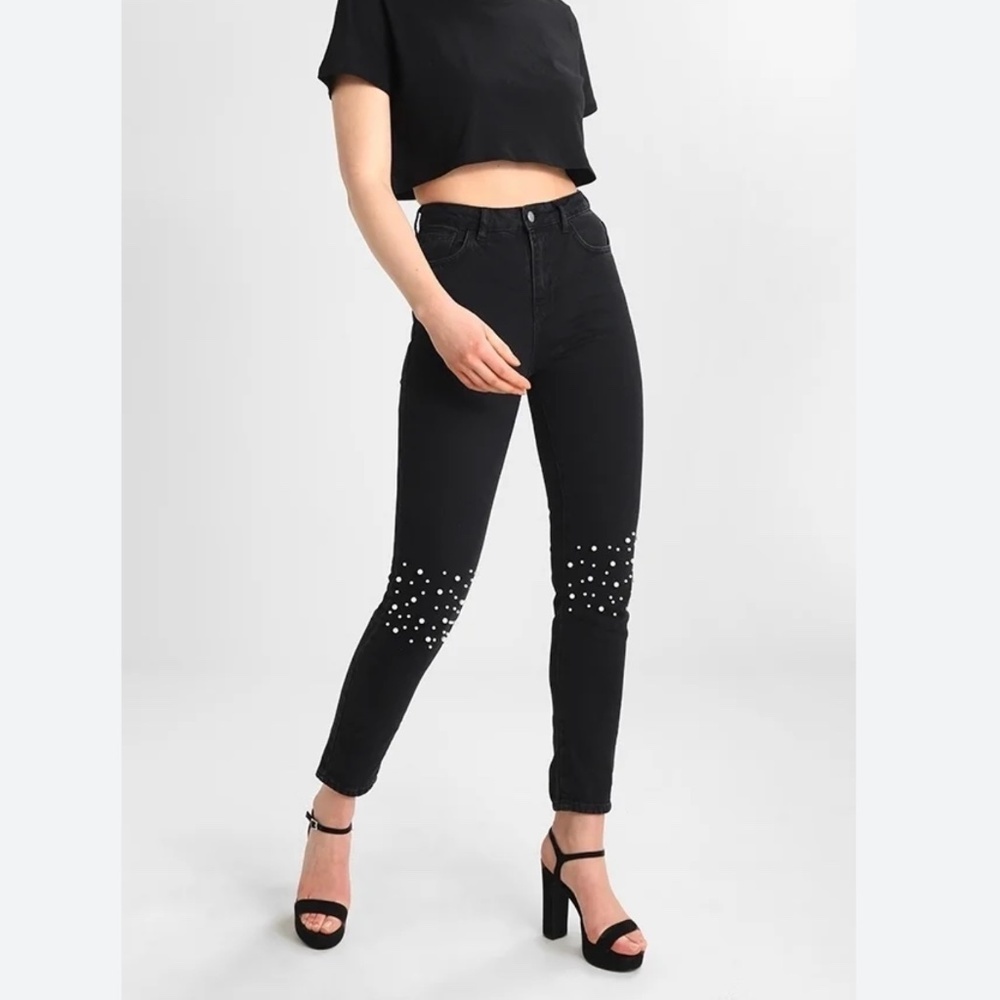 NA-KD High Waist Beaded Pearl Embellished Ankle Jeans Black Womens Size 27 Waist
